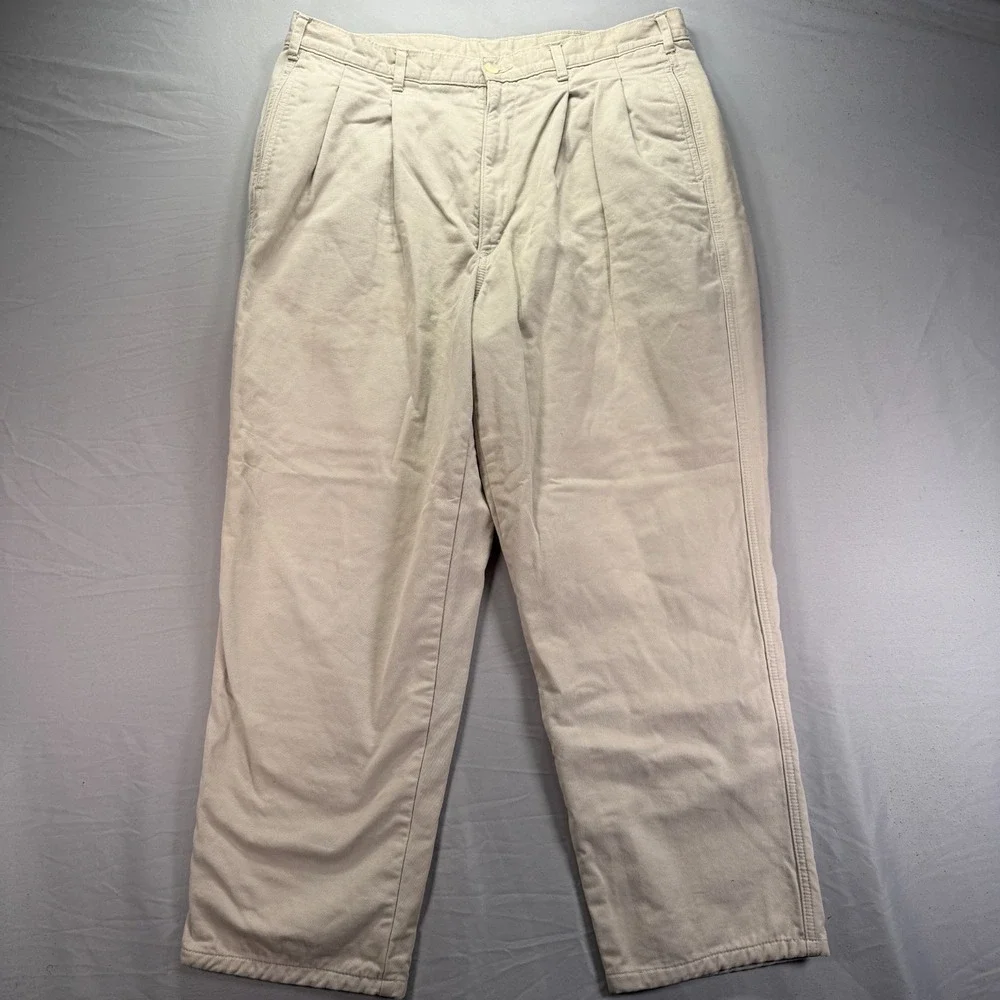 Vintage LL Bean Pants Mens 38x30 (Fits 34x30) Chino Flannel Lined Khaki Pleated